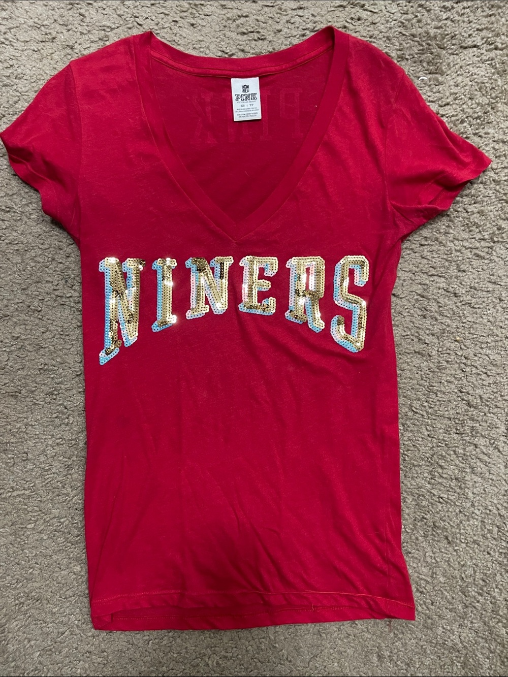 PINK Victoria's Secret V‑Neck 'NINERS' Sequin Tee